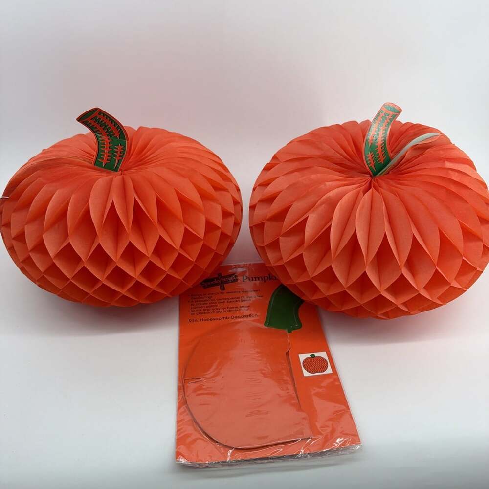 3 Vintage Halloween Fall Pumpkins Honeycomb Tissue Paper Orange 12” & 9”